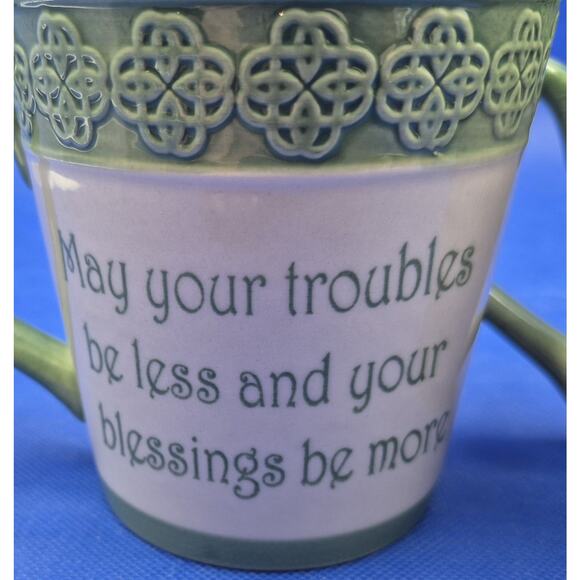 Two Celtic Knot Irish Blessing Stoneware Mugs Green Cream 15oz Capacity - Picture 3 of 12